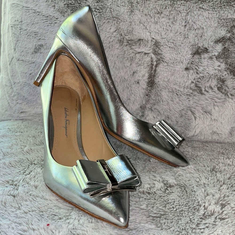 Salvatore Ferragamo silver bow heels